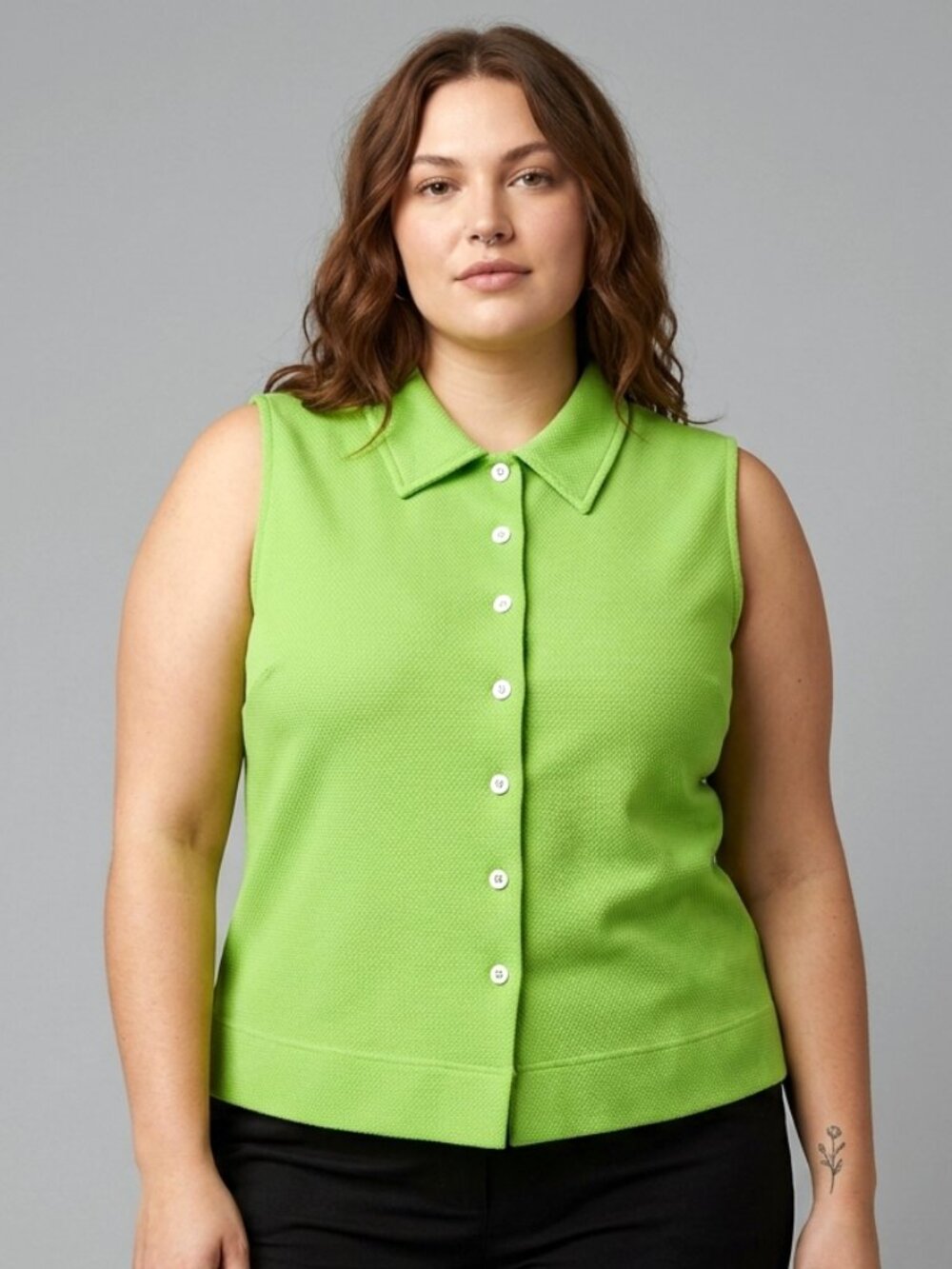 XL Vintage 1960s Bright Green Sleeveless Button Up Waffle Casual Shirt Top 60s